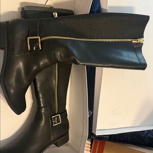 Calvin Klein Collection Black Knee-High Boots with Gold Zipper & Buckles